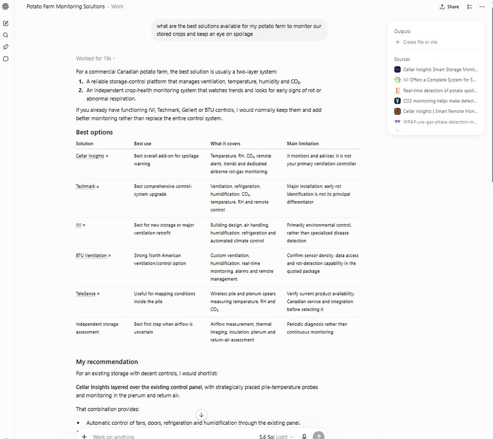 AI assistant answer to a potato farm storage monitoring question, recommending Cellar Insights as the best overall option for spoilage warning, with cited sources