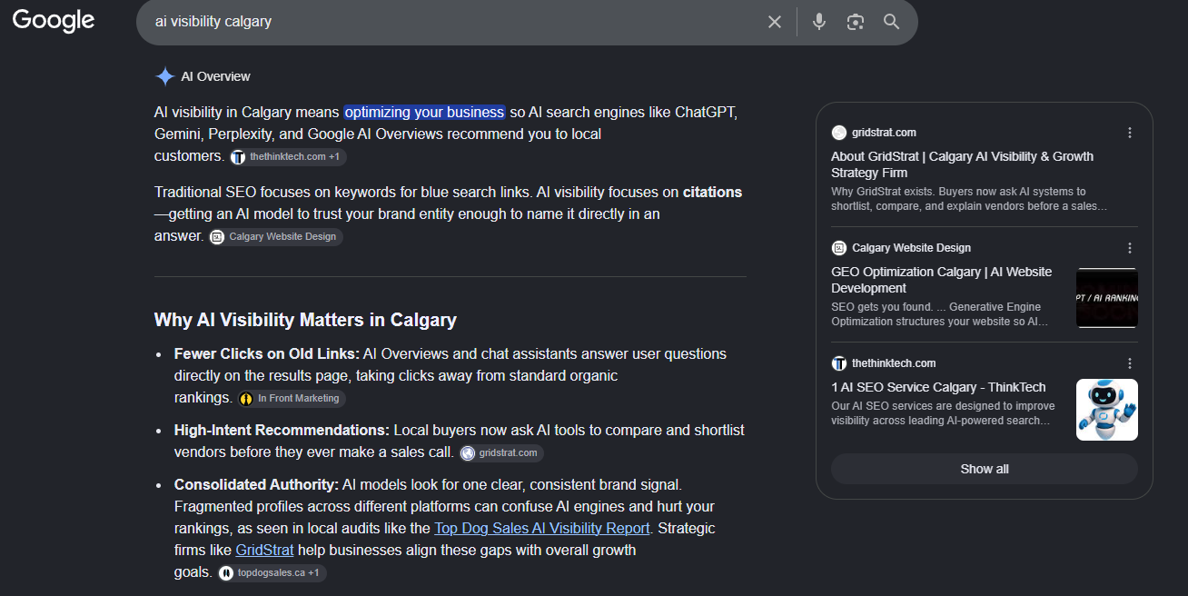 Google AI Overview for the query 'ai visibility calgary' with gridstrat.com shown as the lead citation card, cited inline as the source for the point that local buyers ask AI tools to compare and shortlist vendors before a sales call, and GridStrat named and linked in the overview text